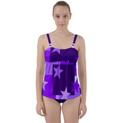 Purple Stars Pattern Shape Twist Front Tankini Set by Pakrebo