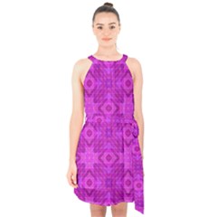 Magenta Mosaic Pattern Triangle Halter Collar Waist Tie Chiffon Dress by Pakrebo