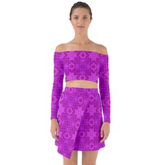 Magenta Mosaic Pattern Triangle Off Shoulder Top With Skirt Set by Pakrebo