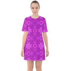 Magenta Mosaic Pattern Triangle Sixties Short Sleeve Mini Dress by Pakrebo