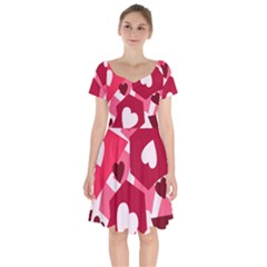 Pink Hearts Pattern Love Shape Short Sleeve Bardot Dress