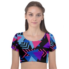 Memphis Pattern Geometric Abstract Velvet Short Sleeve Crop Top  by Pakrebo