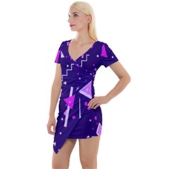 Purple Blue Geometric Pattern Short Sleeve Asymmetric Mini Dress by Pakrebo