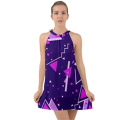 Purple Blue Geometric Pattern Halter Tie Back Chiffon Dress by Pakrebo