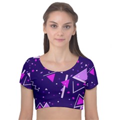 Purple Blue Geometric Pattern Velvet Short Sleeve Crop Top  by Pakrebo