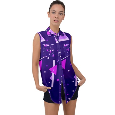 Purple Blue Geometric Pattern Sleeveless Chiffon Button Shirt by Pakrebo