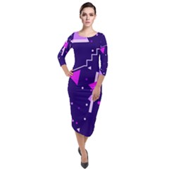 Purple Blue Geometric Pattern Quarter Sleeve Midi Velour Bodycon Dress