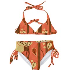 Amber Yellow Stripes Leaves Floral Kids  Classic Bikini Set by Pakrebo