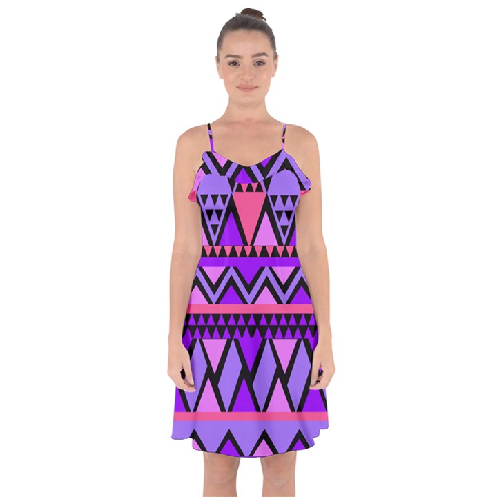 Seamless Purple Pink Pattern Ruffle Detail Chiffon Dress