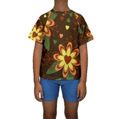 Floral Hearts Brown Green Retro Kids  Short Sleeve Swimwear by Pakrebo