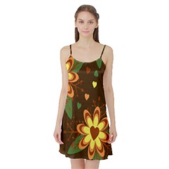 Floral Hearts Brown Green Retro Satin Night Slip