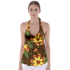 Floral Hearts Brown Green Retro Babydoll Tankini Top