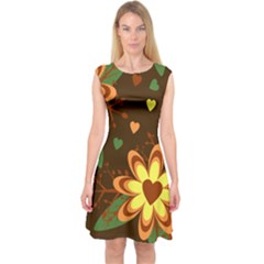 Floral Hearts Brown Green Retro Capsleeve Midi Dress