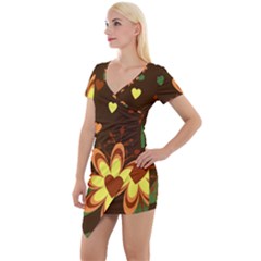 Floral Hearts Brown Green Retro Short Sleeve Asymmetric Mini Dress