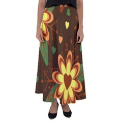 Floral Hearts Brown Green Retro Flared Maxi Skirt