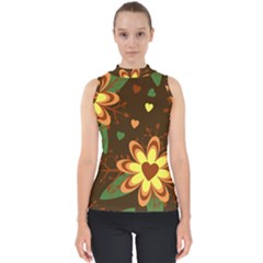 Floral Hearts Brown Green Retro Mock Neck Shell Top by Pakrebo