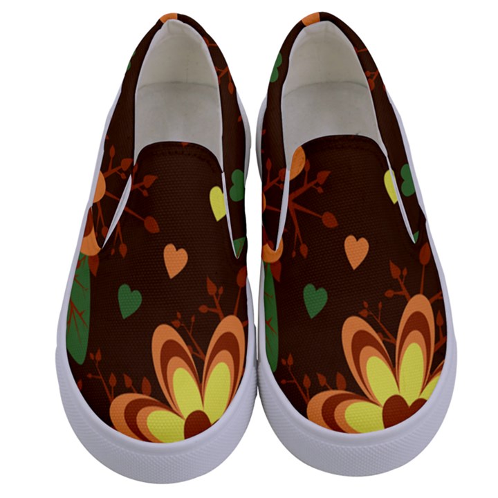 Floral Hearts Brown Green Retro Kids  Canvas Slip Ons