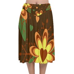 Floral Hearts Brown Green Retro Velvet Flared Midi Skirt