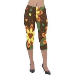 Floral Hearts Brown Green Retro Lightweight Velour Capri Leggings 