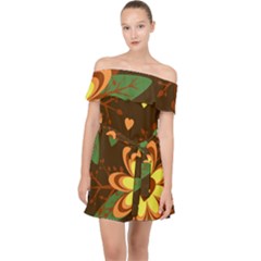 Floral Hearts Brown Green Retro Off Shoulder Chiffon Dress