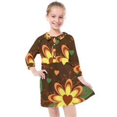 Floral Hearts Brown Green Retro Kids  Quarter Sleeve Shirt Dress by Pakrebo