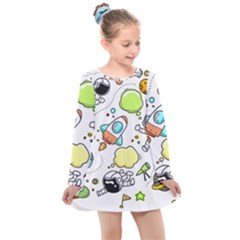 Sketch Cartoon Space Set Kids  Long Sleeve Dress by Pakrebo