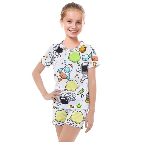 Sketch Cartoon Space Set Kids  Mesh Tee And Shorts Set by Pakrebo