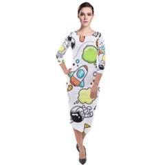 Sketch Cartoon Space Set Quarter Sleeve Midi Velour Bodycon Dress