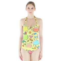 Cute Sketch Child Graphic Funny Halter Swimsuit by Pakrebo