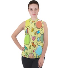 Cute Sketch Child Graphic Funny Mock Neck Chiffon Sleeveless Top