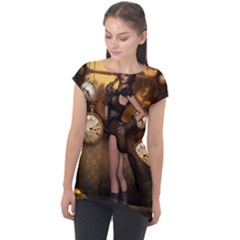 Wonderful Steampunk Lady Cap Sleeve High Low Top