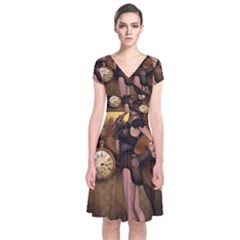 Wonderful Steampunk Lady Short Sleeve Front Wrap Dress by FantasyWorld7