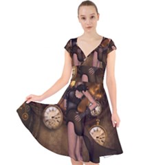 Wonderful Steampunk Lady Cap Sleeve Front Wrap Midi Dress by FantasyWorld7