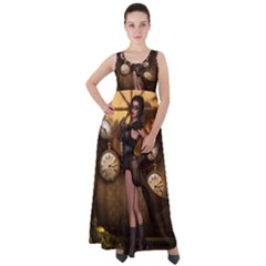 Wonderful Steampunk Lady Empire Waist Velour Maxi Dress