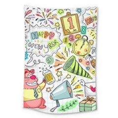 Doodle New Year Party Celebration Large Tapestry by Pakrebo