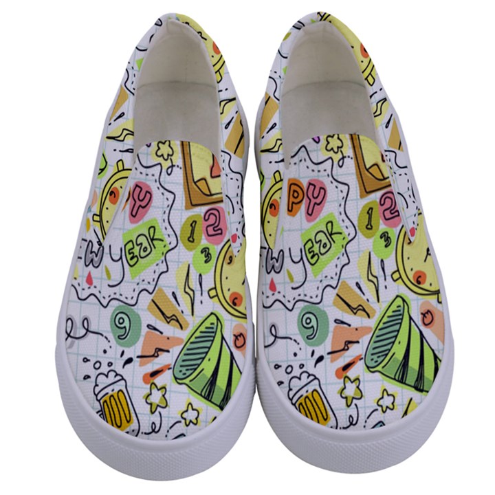 Doodle New Year Party Celebration Kids  Canvas Slip Ons