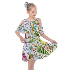 Doodle New Year Party Celebration Kids  Shoulder Cutout Chiffon Dress by Pakrebo