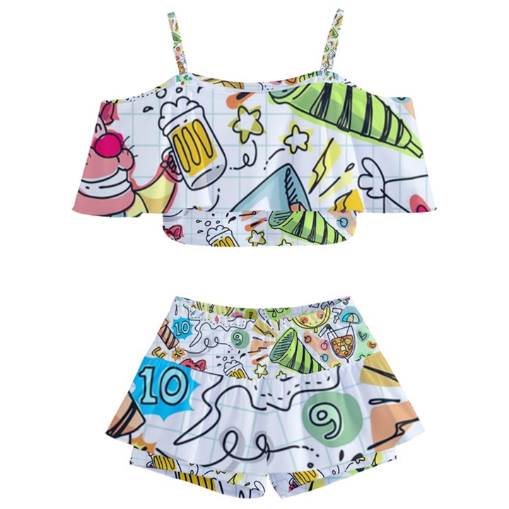 Doodle New Year Party Celebration Kids  Off Shoulder Skirt Bikini