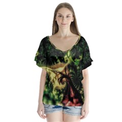 Fractal Cauliflower Green Rendered V-neck Flutter Sleeve Top by Pakrebo