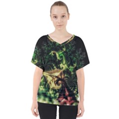 Fractal Cauliflower Green Rendered V-neck Dolman Drape Top by Pakrebo