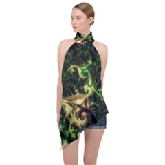 Fractal Cauliflower Green Rendered Halter Asymmetric Satin Top by Pakrebo