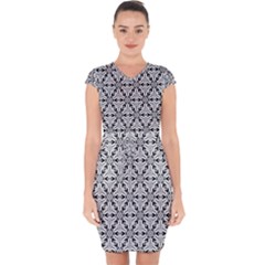 Ornamental Checkerboard Capsleeve Drawstring Dress 