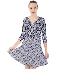 Ornamental Checkerboard Quarter Sleeve Front Wrap Dress