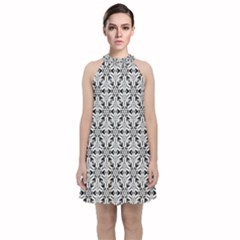 Ornamental Checkerboard Velvet Halter Neckline Dress 