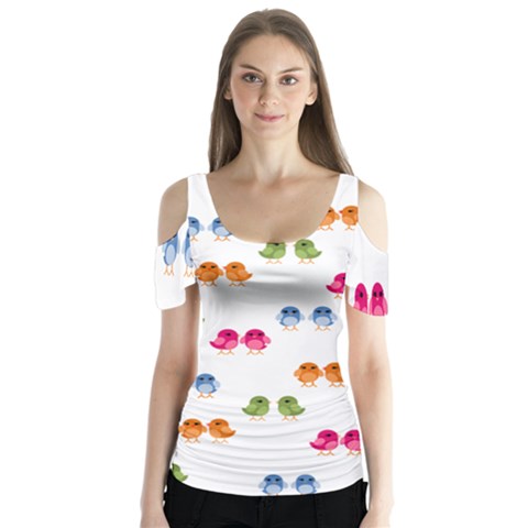 Pattern Birds Cute Butterfly Sleeve Cutout Tee  by Mariart