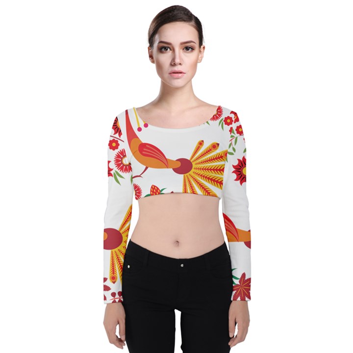 Peacock Pattern Velvet Long Sleeve Crop Top