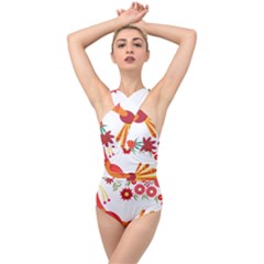 Peacock Pattern Cross Front Low Back Swimsuit