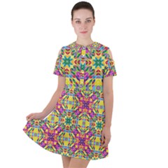 Triangle Mosaic Pattern Repeating Short Sleeve Shoulder Cut Out Dress 