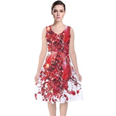 Red Pomegranate Fried Fruit Juice V-neck Midi Sleeveless Dress 