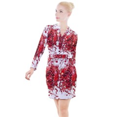 Red Pomegranate Fried Fruit Juice Button Long Sleeve Dress